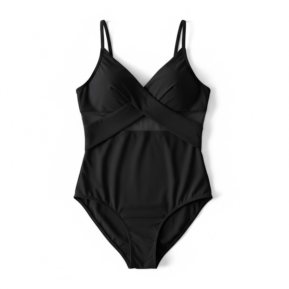 CUPSHE Black One Piece Swimsuit V Neck Mesh Tummy Control Padded Womens M